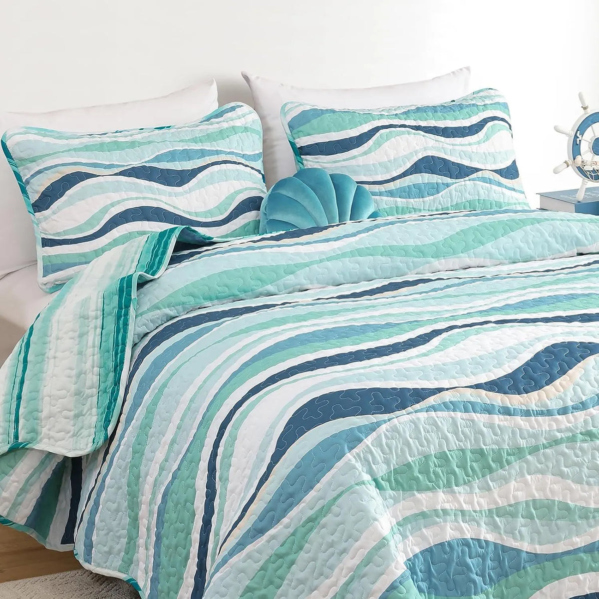 Elegant Coastal Sea Wave Meadow Bedspread Coverlet 3 Piece Set - Image 5
