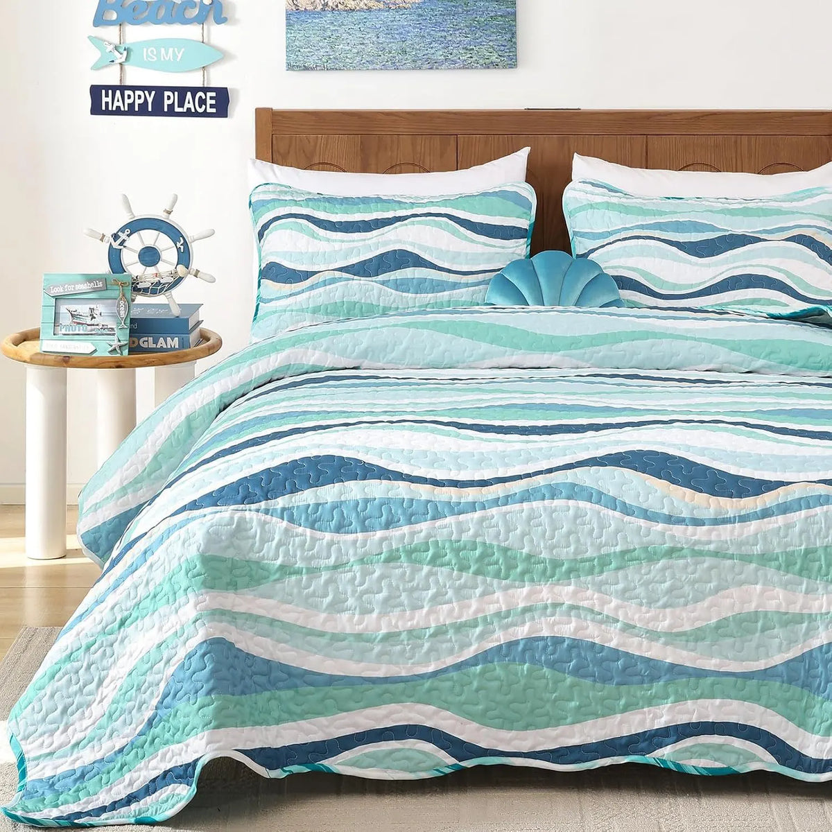 Elegant Coastal Sea Wave Meadow Bedspread Coverlet 3 Piece Set - Image 6