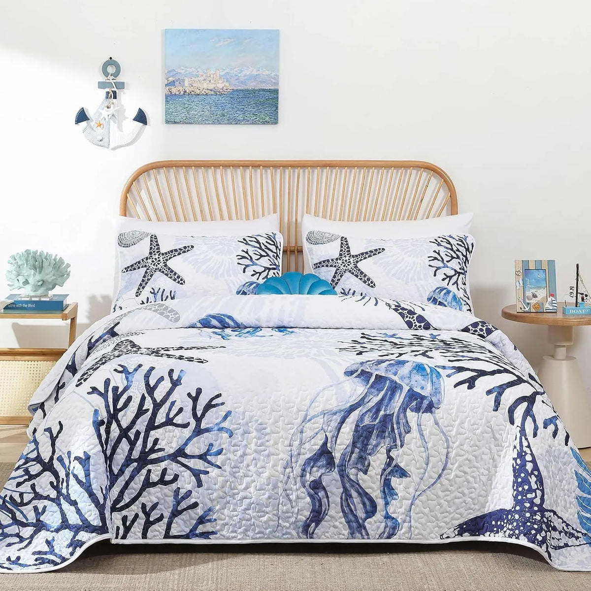 Blue Nautical Coastal Luxe Bedspread Coverlet 3 Piece Set