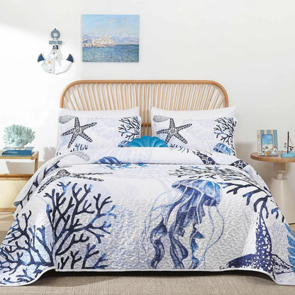 Blue Nautical Coastal Luxe Bedspread Coverlet 3 Piece Set