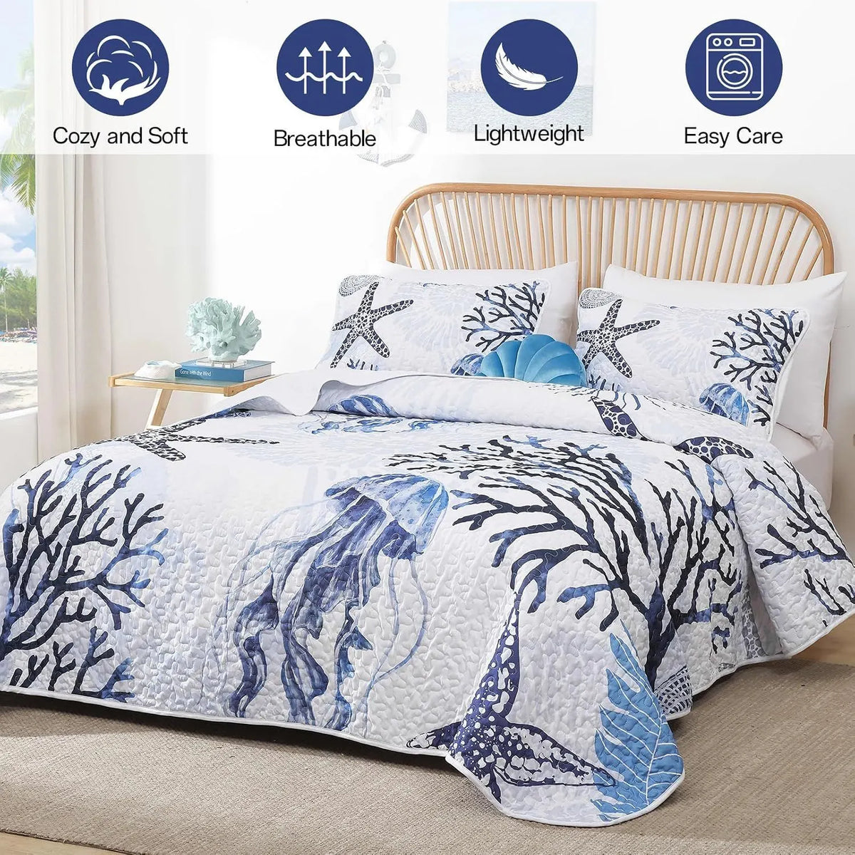 Blue Nautical Coastal Luxe Bedspread Coverlet 3 Piece Set - Image 2