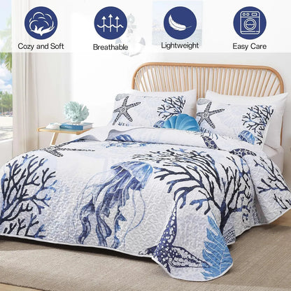 Blue Nautical Coastal Luxe Bedspread Coverlet 3 Piece Set - Image 2