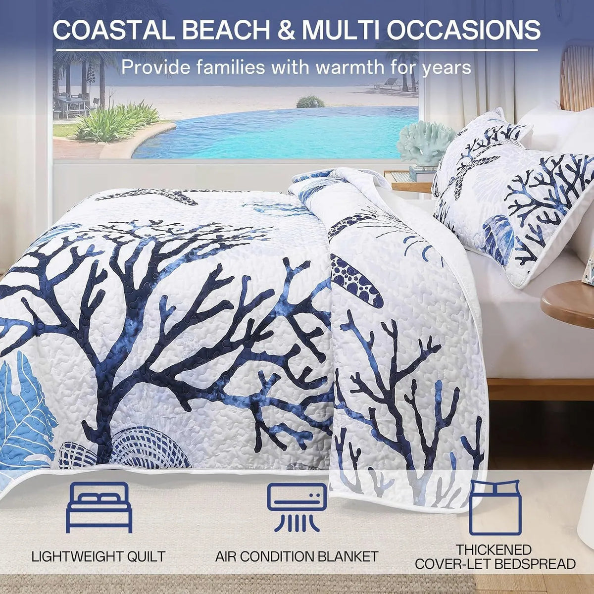 Blue Nautical Coastal Luxe Bedspread Coverlet 3 Piece Set - Image 3