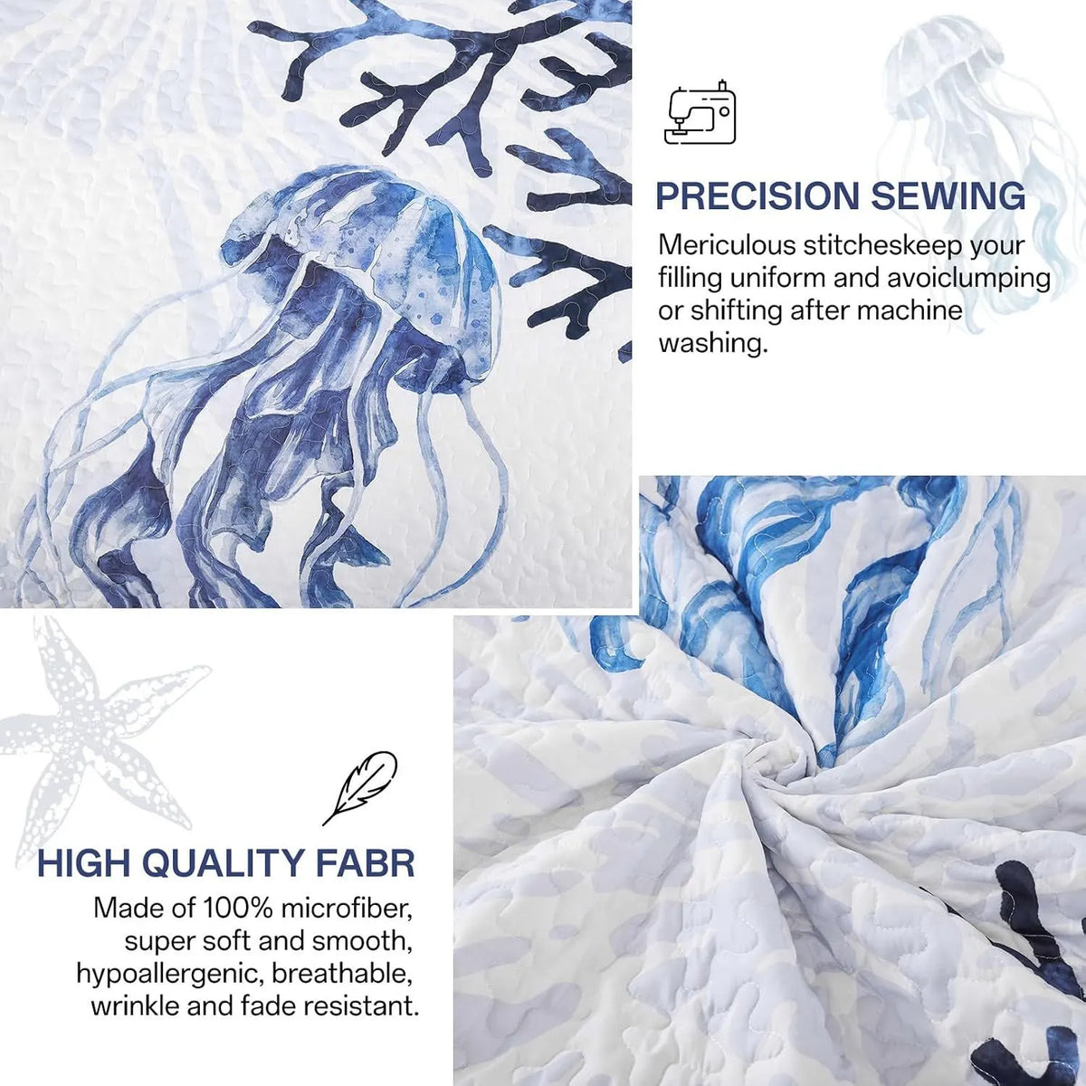 Blue Nautical Coastal Luxe Bedspread Coverlet 3 Piece Set - Image 4