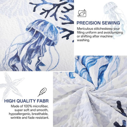 Blue Nautical Coastal Luxe Bedspread Coverlet 3 Piece Set - Image 4
