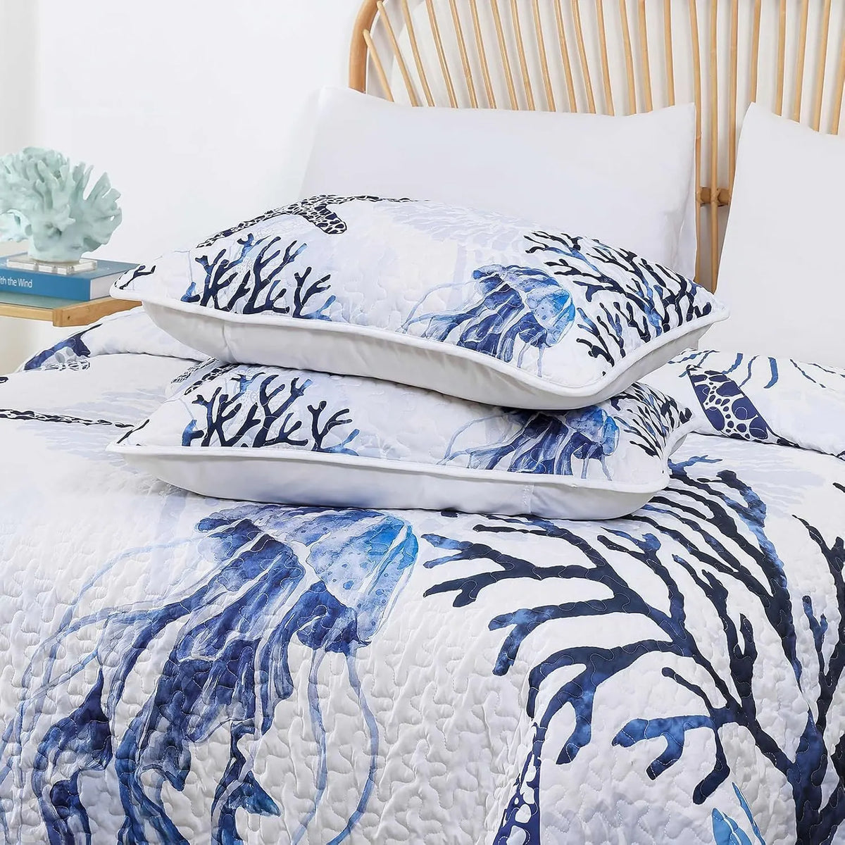 Blue Nautical Coastal Luxe Bedspread Coverlet 3 Piece Set - Image 6
