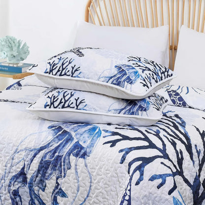 Blue Nautical Coastal Luxe Bedspread Coverlet 3 Piece Set - Image 6