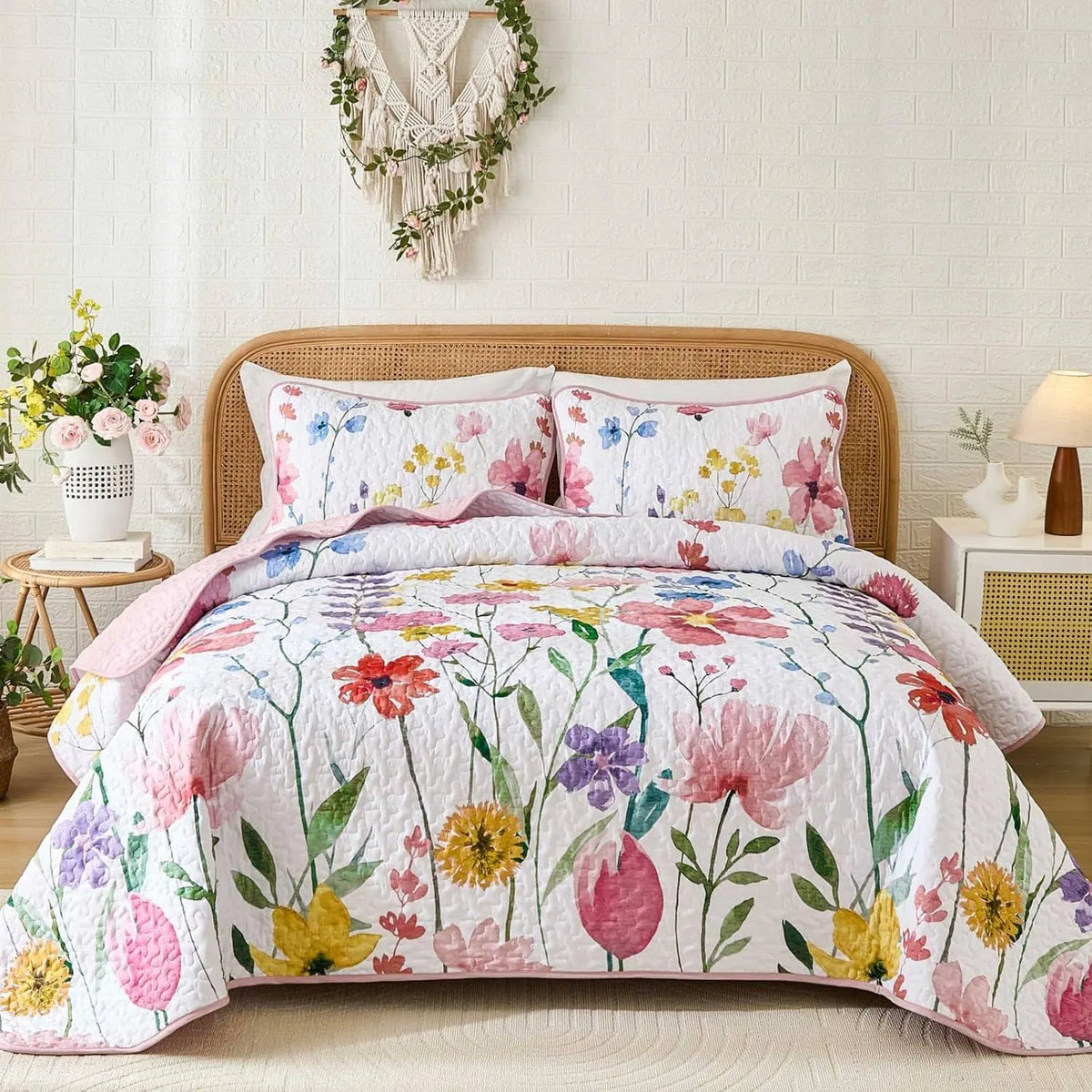Pink Floral Haven Bedspread Coverlet 3 Piece Set