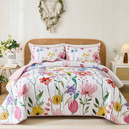 Pink Floral Haven Bedspread Coverlet 3 Piece Set