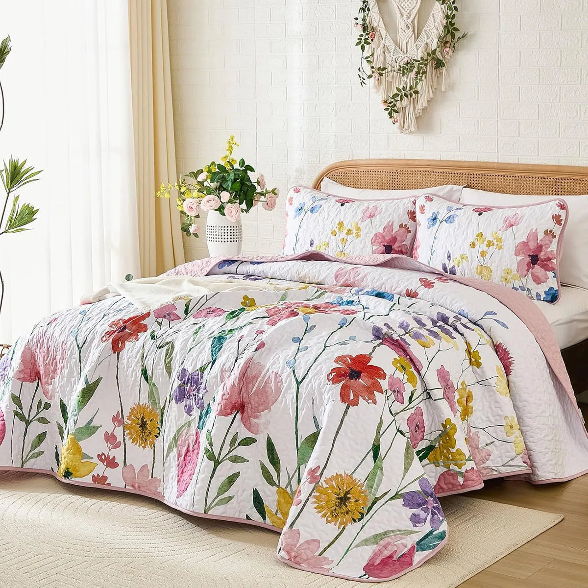 Pink Floral Haven Bedspread Coverlet 3 Piece Set - Image 2
