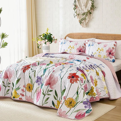 Pink Floral Haven Bedspread Coverlet 3 Piece Set - Image 2