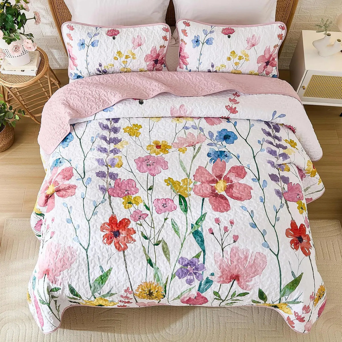 Pink Floral Haven Bedspread Coverlet 3 Piece Set - Image 3