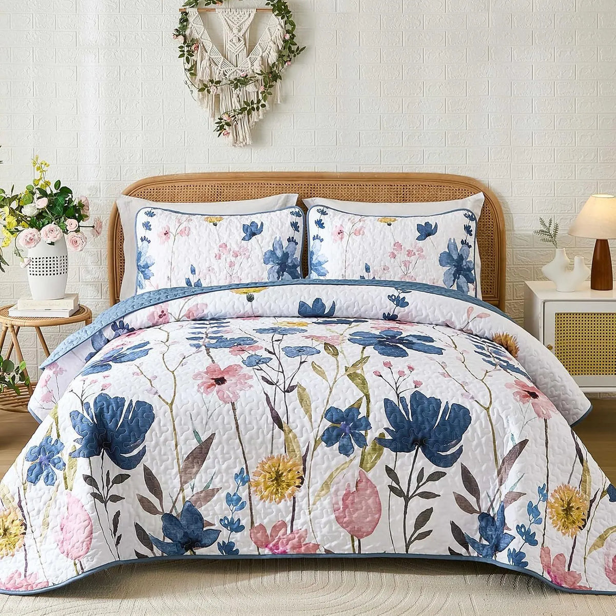 Blue Floral Serenity Bedspread Coverlet 3 Piece Set
