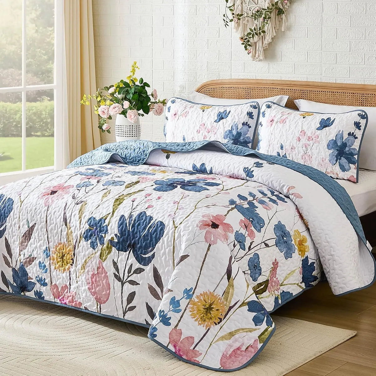 Blue Floral Serenity Bedspread Coverlet 3 Piece Set - Image 2