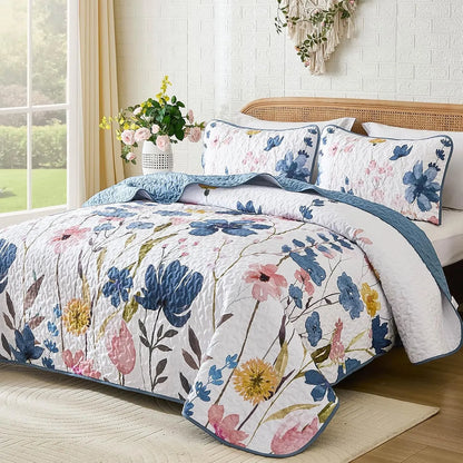 Blue Floral Serenity Bedspread Coverlet 3 Piece Set - Image 2
