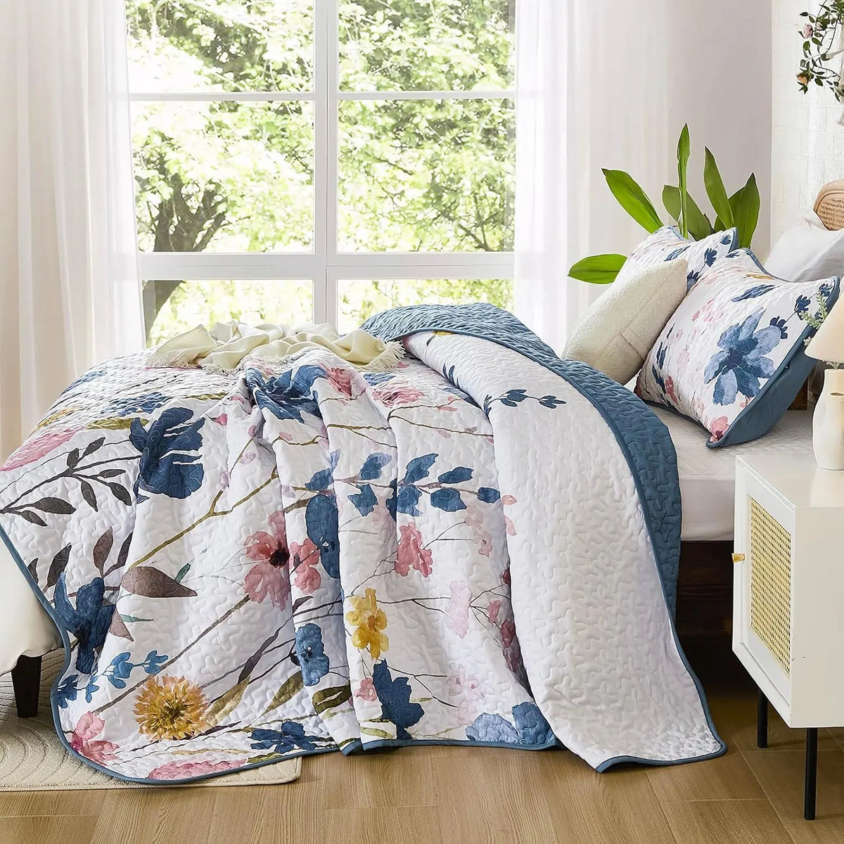 Blue Floral Serenity Bedspread Coverlet 3 Piece Set - Image 3