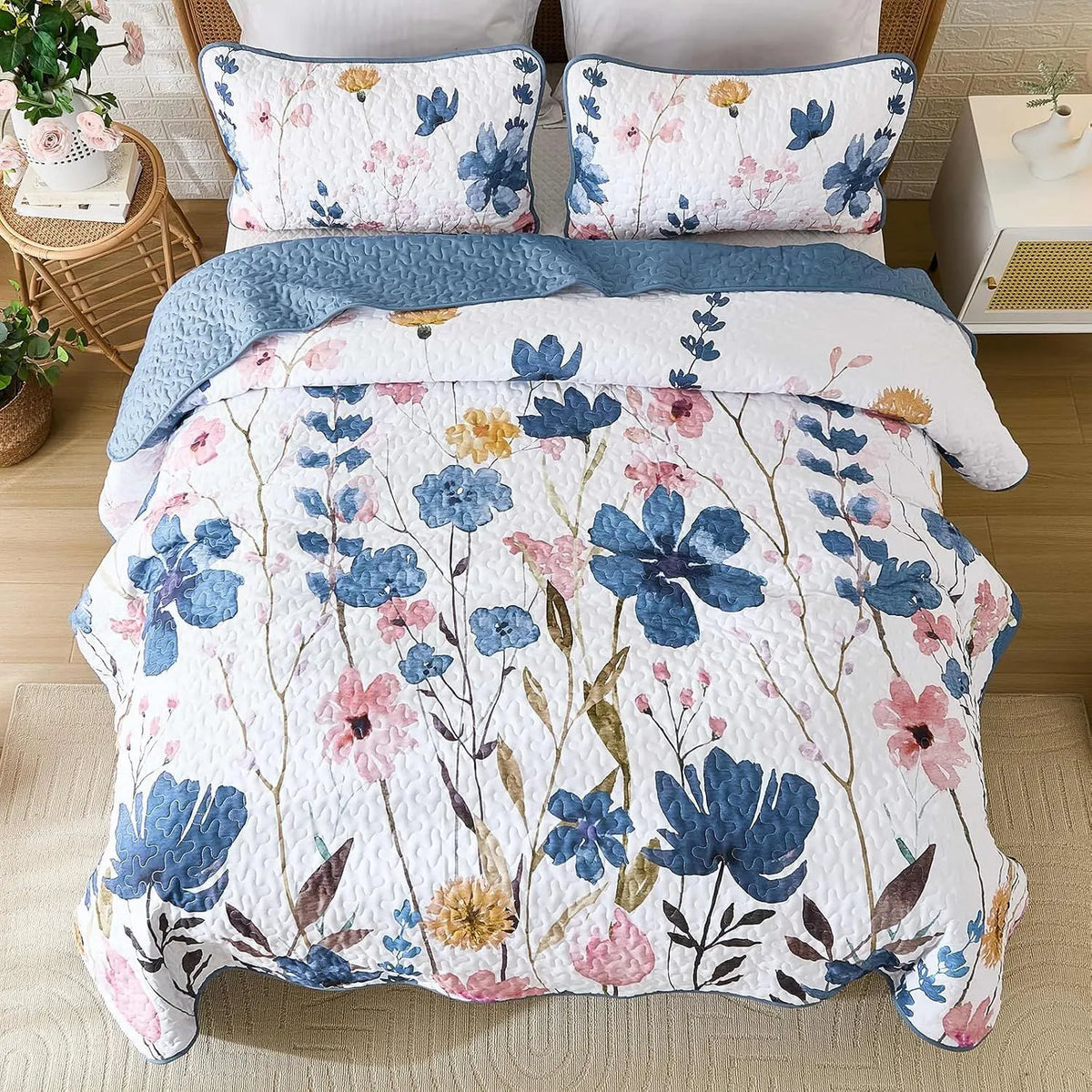 Blue Floral Serenity Bedspread Coverlet 3 Piece Set - Image 4