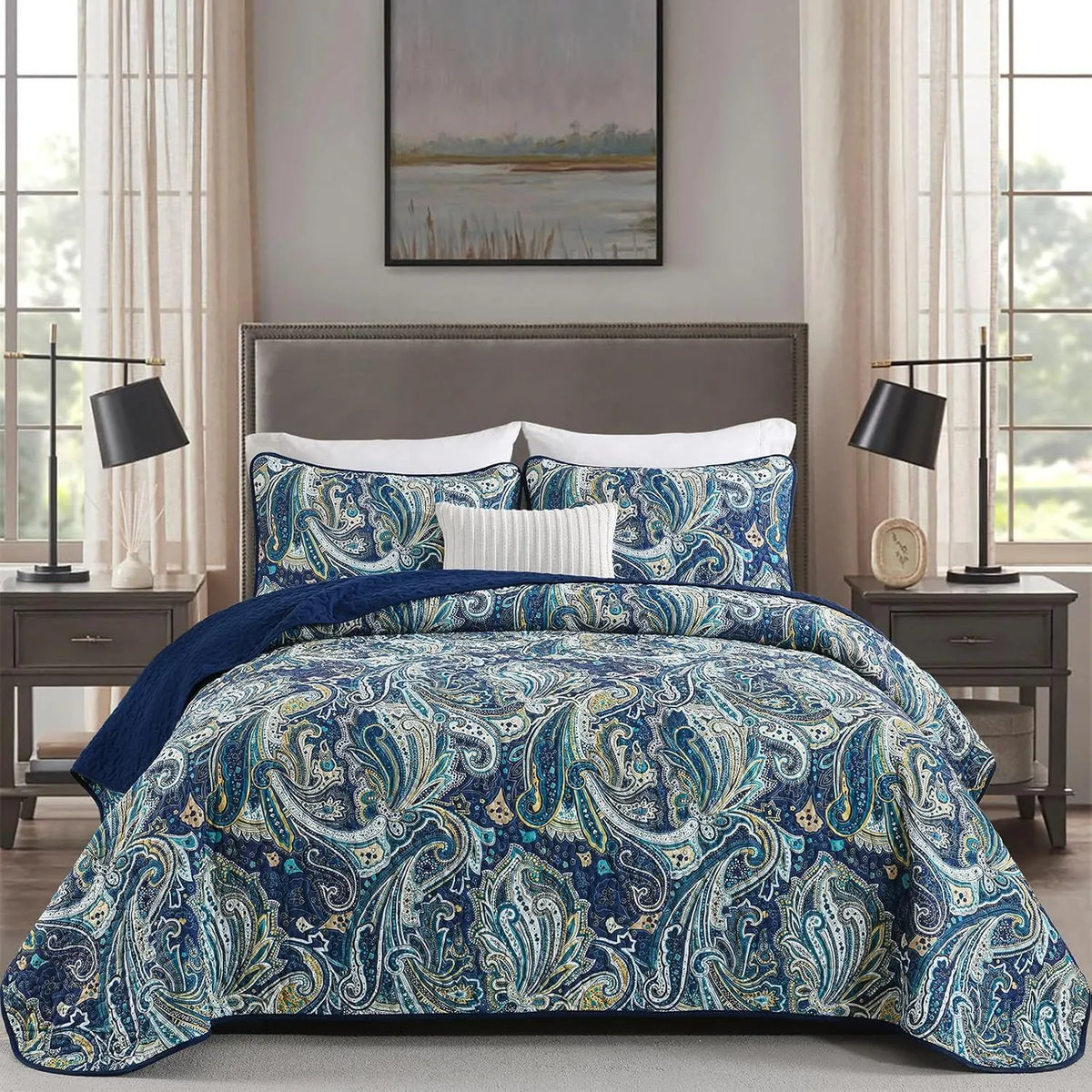 Navy Paisley Boho Dream Bedspread Coverlet 3 Piece Set
