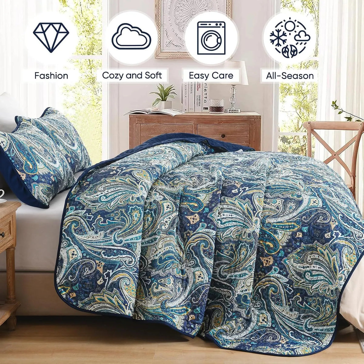 Navy Paisley Boho Dream Bedspread Coverlet 3 Piece Set - Image 6