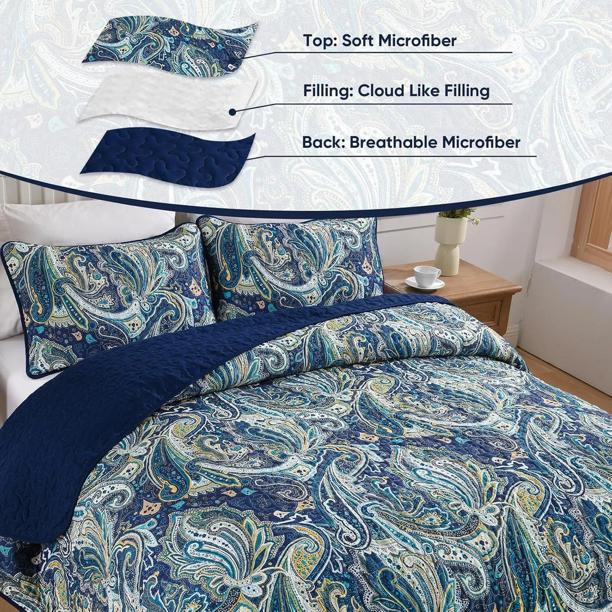 Navy Paisley Boho Dream Bedspread Coverlet 3 Piece Set - Image 7