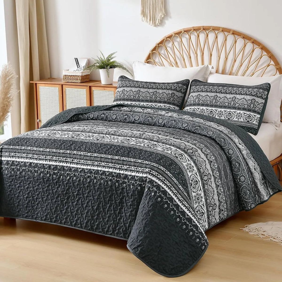 Black Boho Majesty Bedspread Coverlet 3 Piece Set - Image 2
