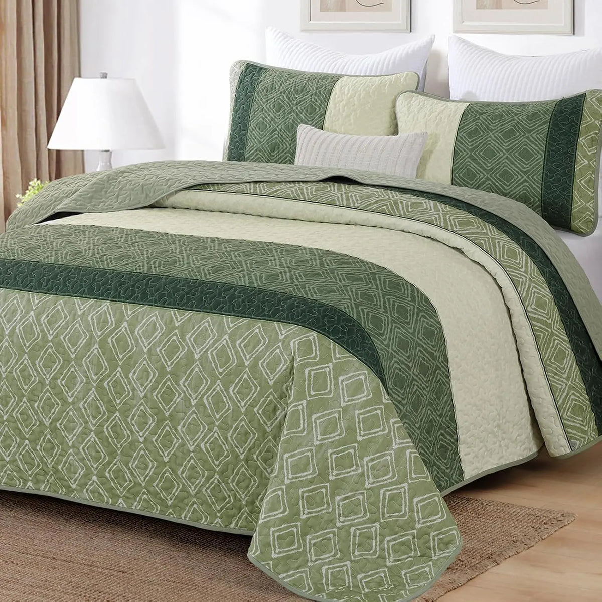 Sage Green Stripe Bloom Bedspread Coverlet 3 Piece Set