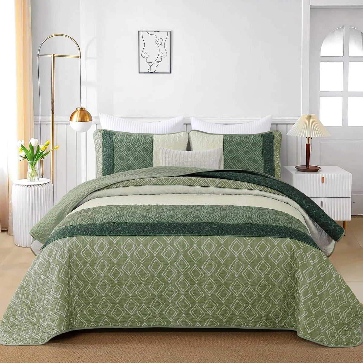 Sage Green Stripe Bloom Bedspread Coverlet 3 Piece Set - Image 2