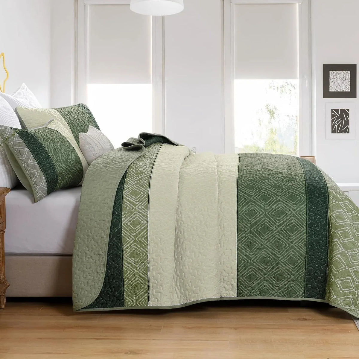 Sage Green Stripe Bloom Bedspread Coverlet 3 Piece Set - Image 3