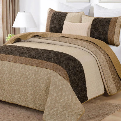 Brown Stripe Plaid Garden Bedspread Coverlet 3 Piece Set