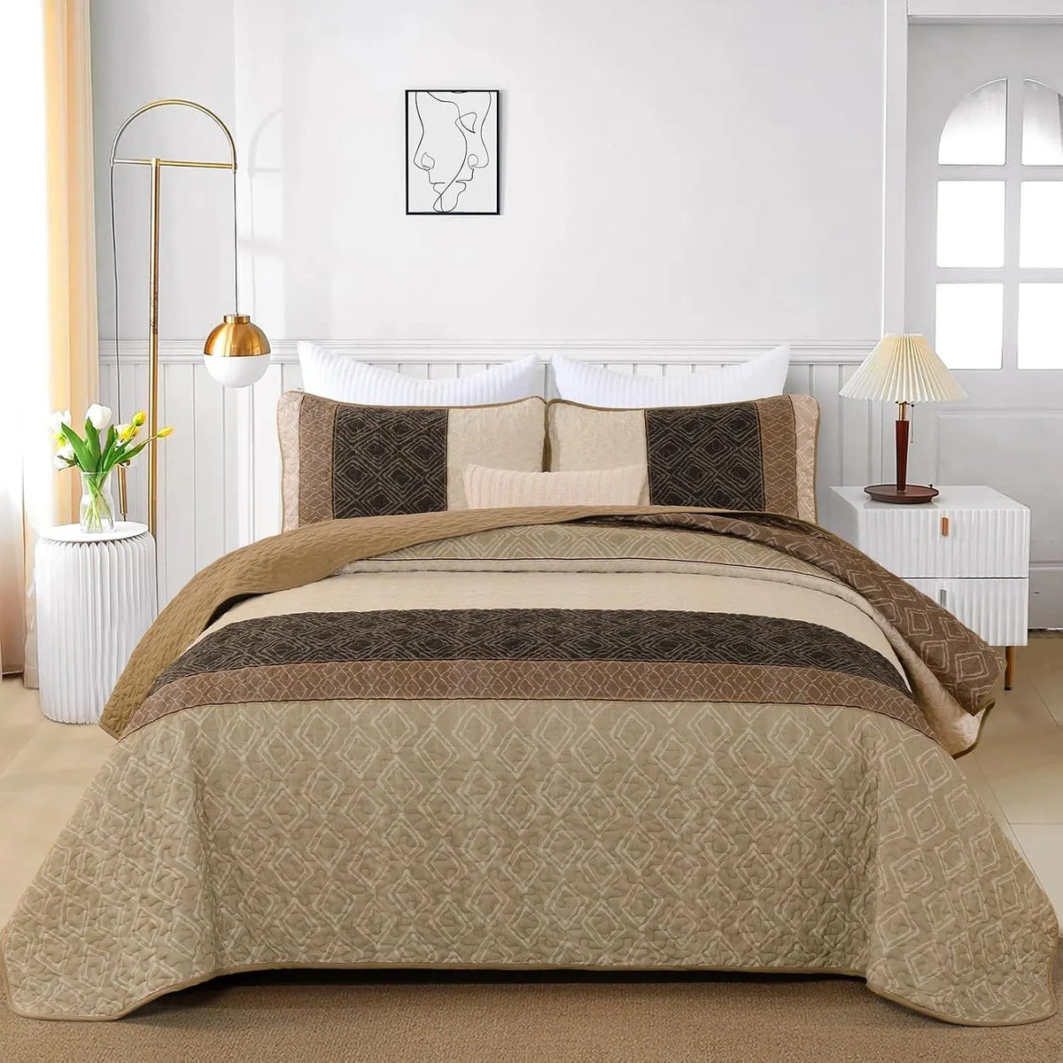 Brown Stripe Plaid Garden Bedspread Coverlet 3 Piece Set - Image 2
