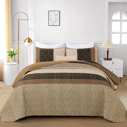 Brown Stripe Plaid Garden Bedspread Coverlet 3 Piece Set - Image 2