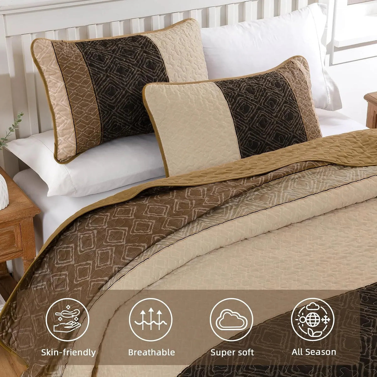 Brown Stripe Plaid Garden Bedspread Coverlet 3 Piece Set - Image 3