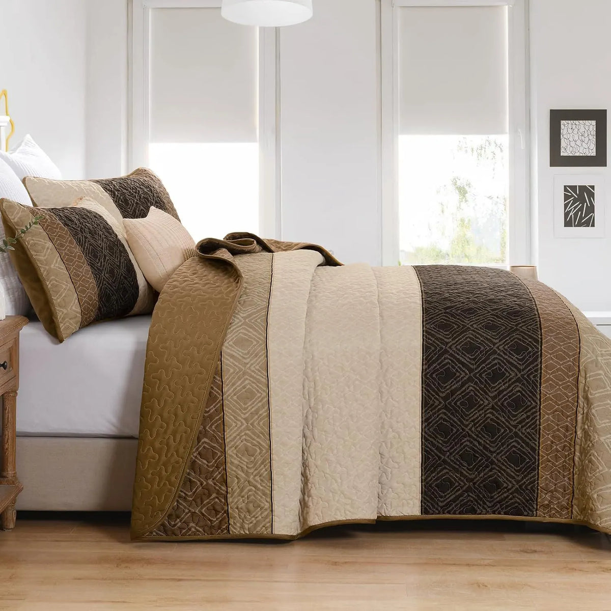Brown Stripe Plaid Garden Bedspread Coverlet 3 Piece Set - Image 5