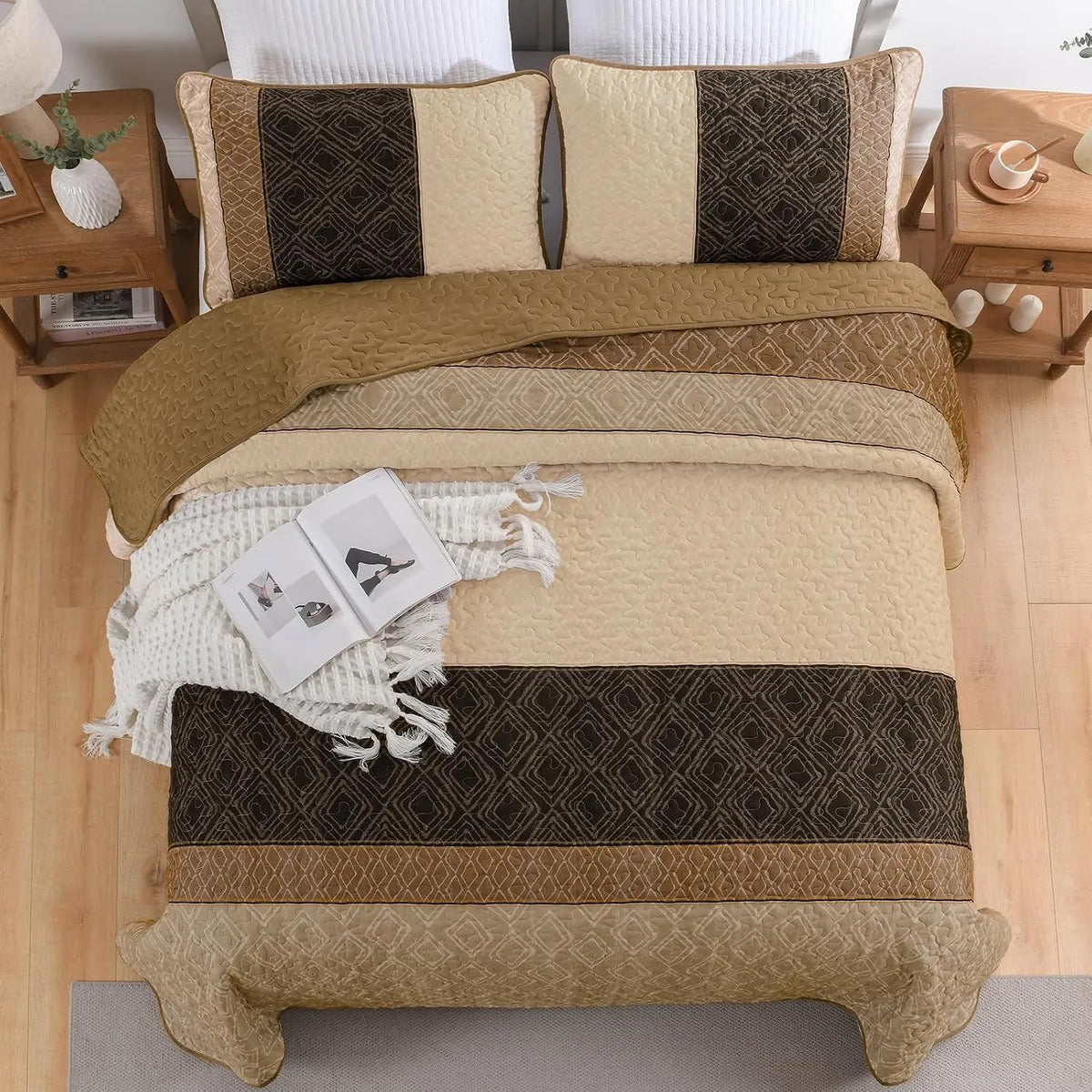 Brown Stripe Plaid Garden Bedspread Coverlet 3 Piece Set - Image 6