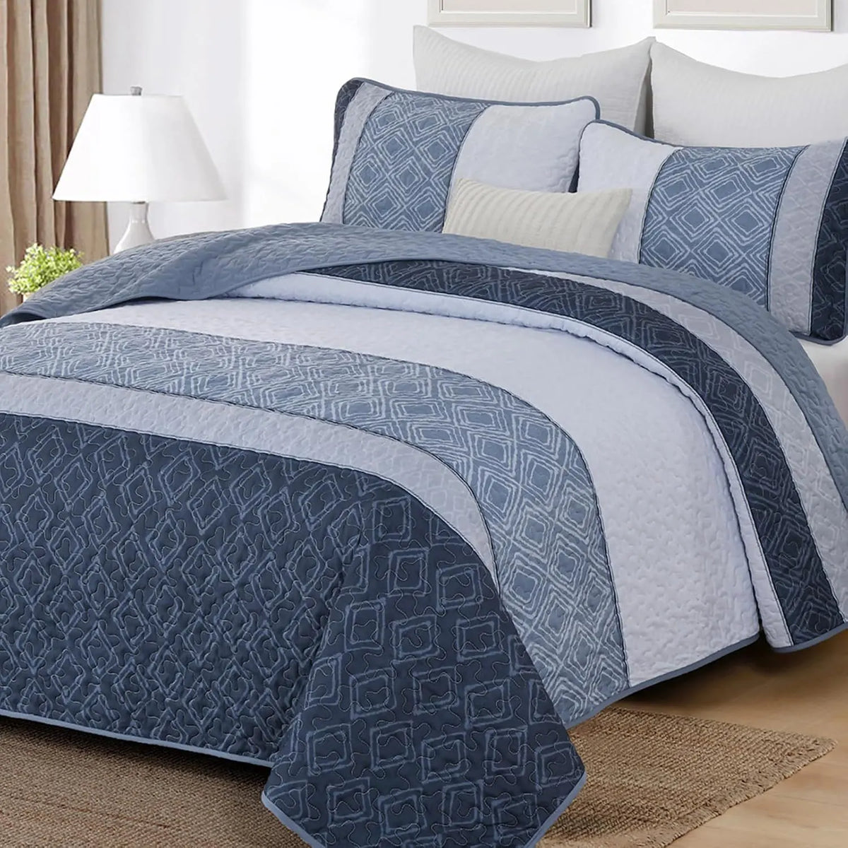 Mineral Blue Stripe Plaid Dream Bedspread Coverlet 3 Piece Set