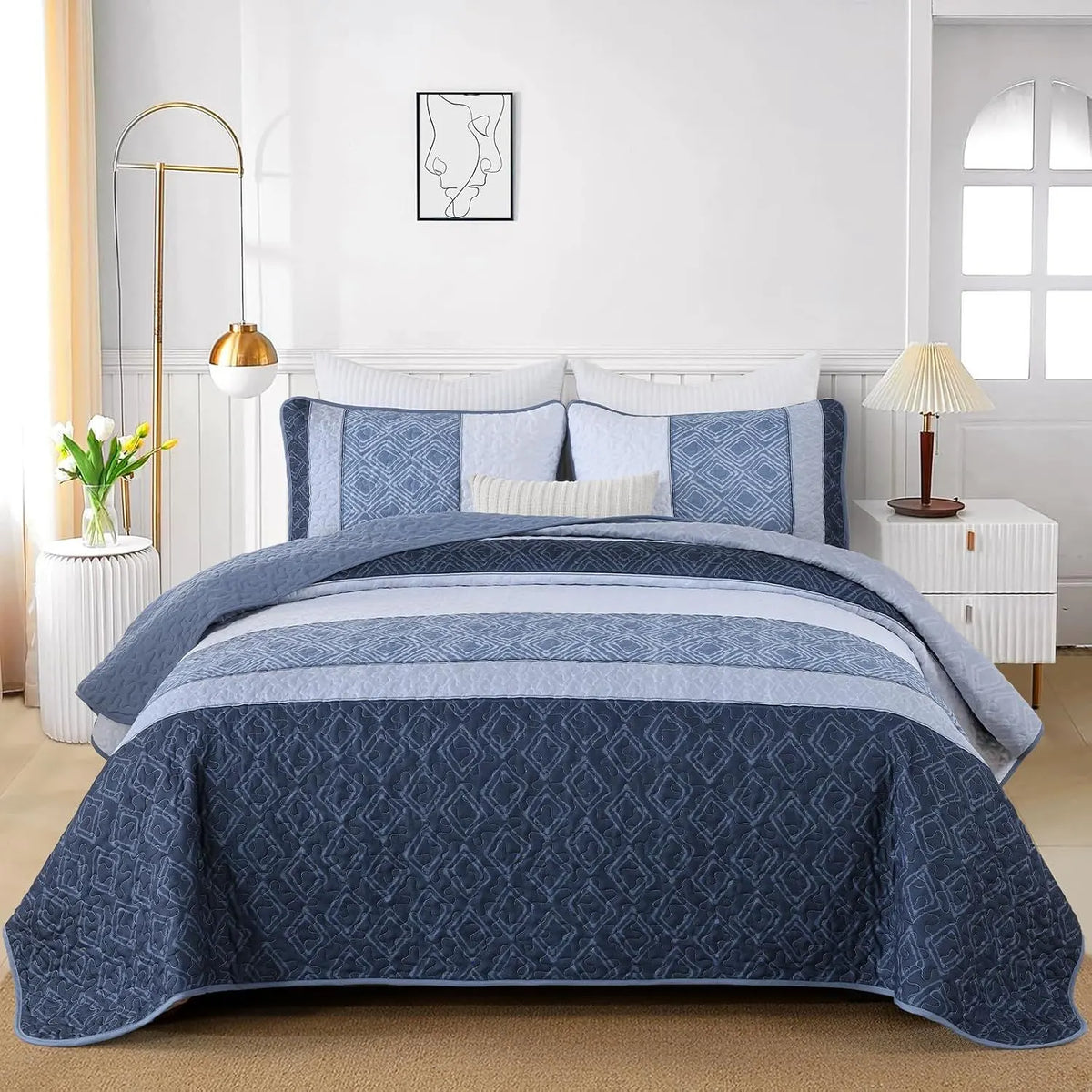 Mineral Blue Stripe Plaid Dream Bedspread Coverlet 3 Piece Set - Image 2