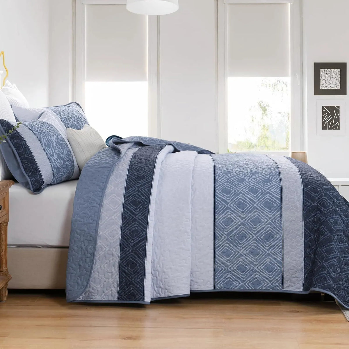Mineral Blue Stripe Plaid Dream Bedspread Coverlet 3 Piece Set - Image 3