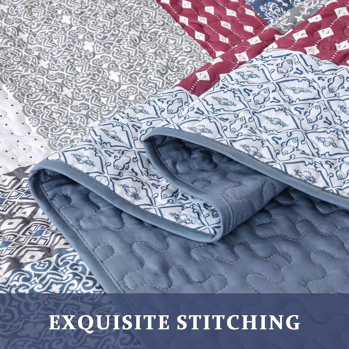 Red Patchwork Boho Mosaic Bedspread Coverlet 3 Piece Set - Image 6