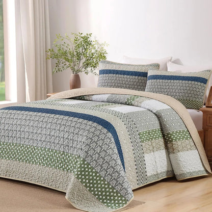 Khaki Green Stripe Bloom Bedspread Coverlet 3 Piece Set