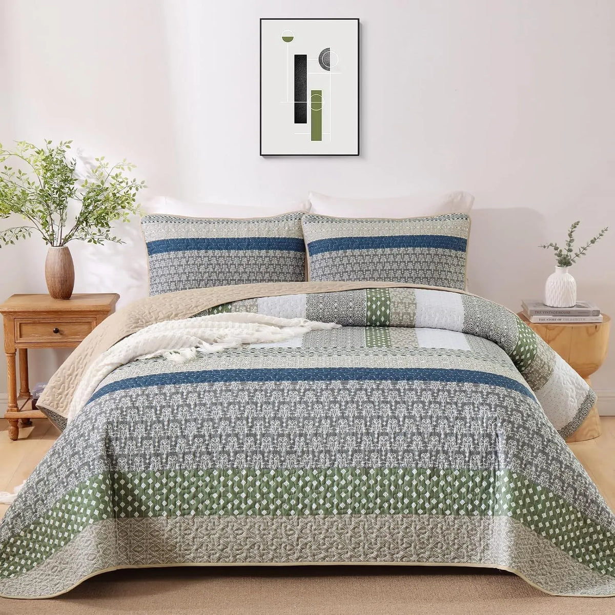 Khaki Green Stripe Bloom Bedspread Coverlet 3 Piece Set - Image 2