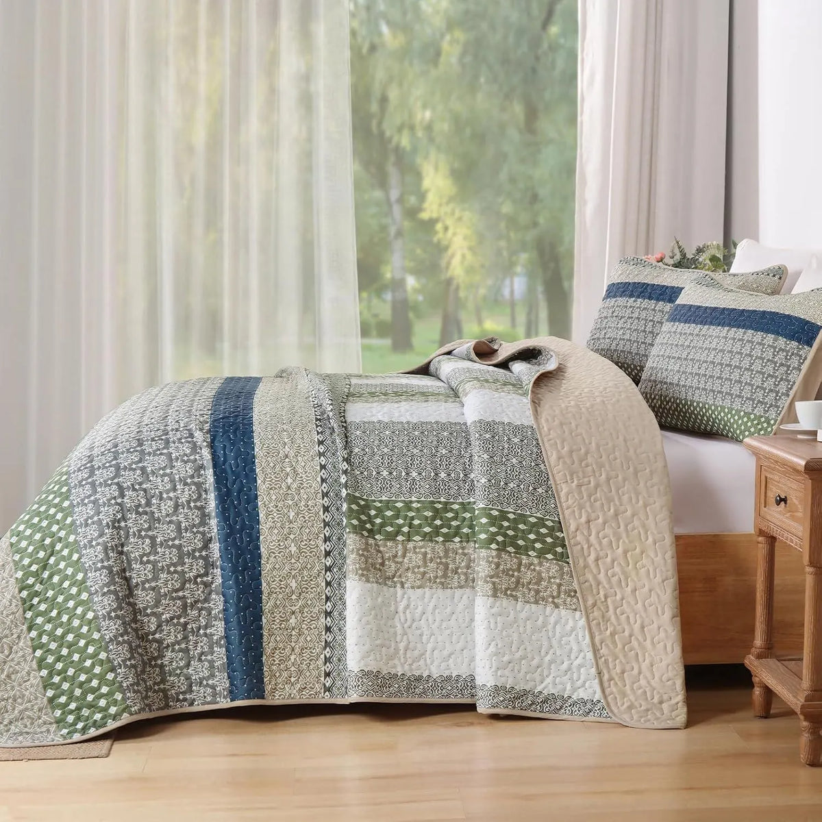 Khaki Green Stripe Bloom Bedspread Coverlet 3 Piece Set - Image 3