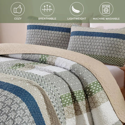 Khaki Green Stripe Bloom Bedspread Coverlet 3 Piece Set - Image 4