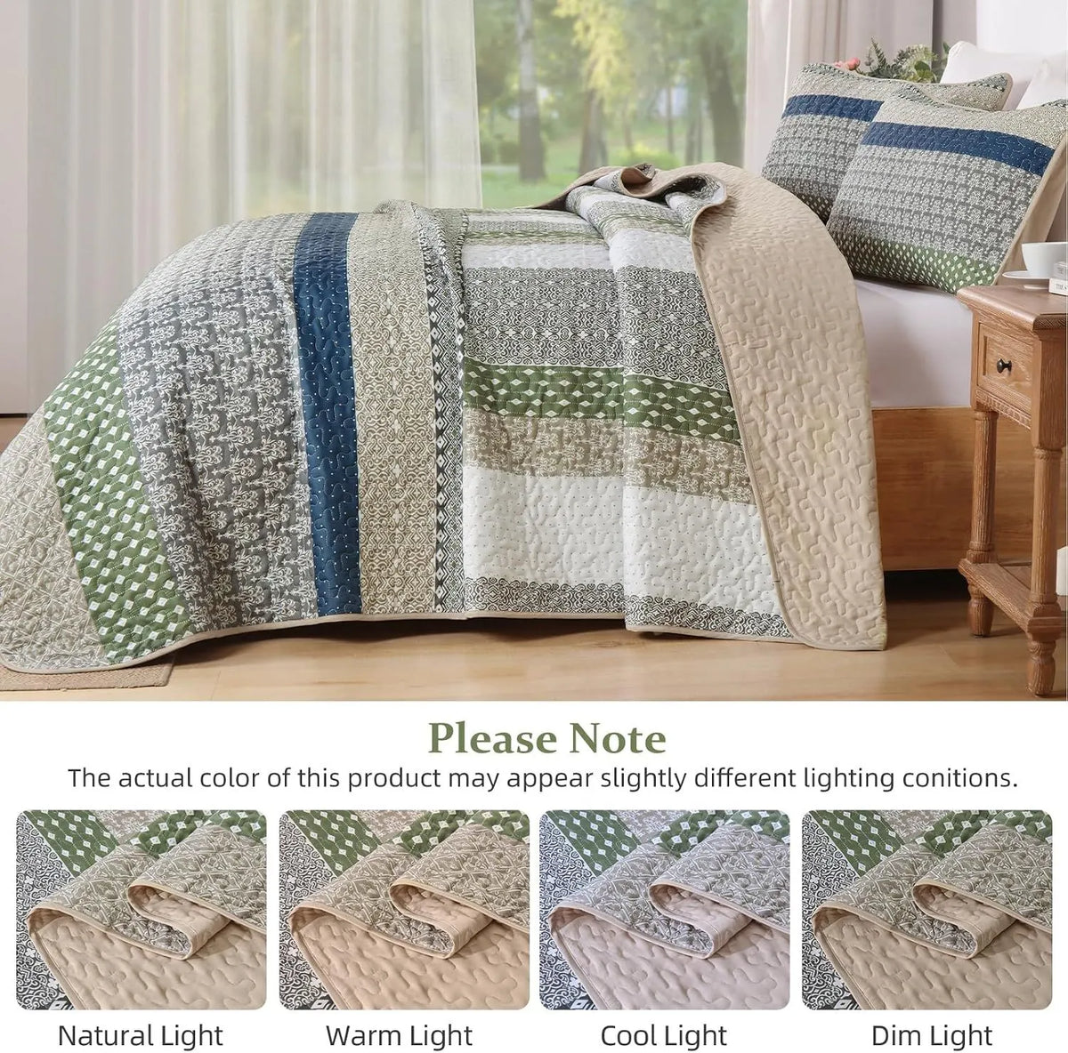 Khaki Green Stripe Bloom Bedspread Coverlet 3 Piece Set - Image 5