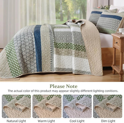 Khaki Green Stripe Bloom Bedspread Coverlet 3 Piece Set - Image 5