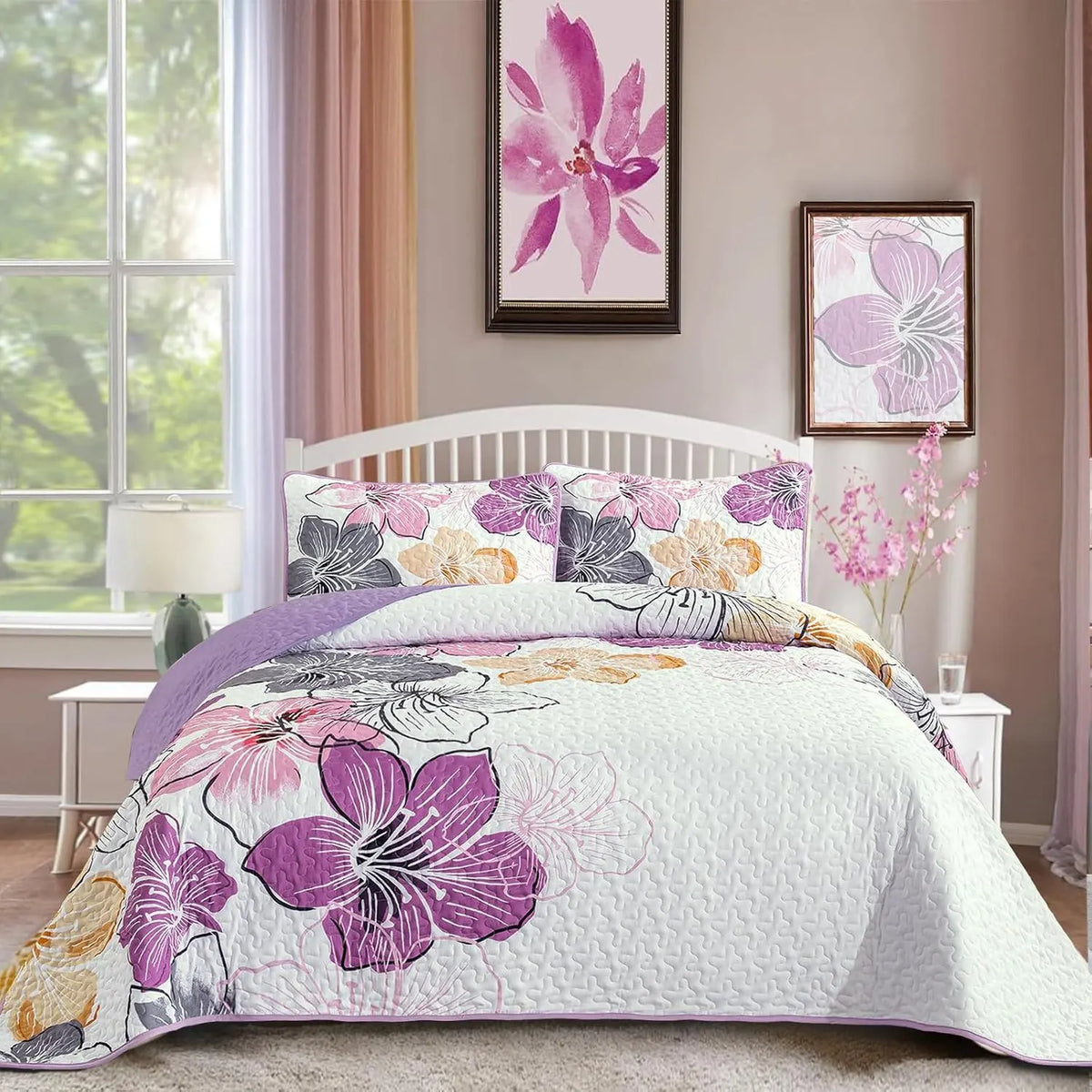 Purple Floral Boho Elysian Bedspread Coverlet 3 Piece Set