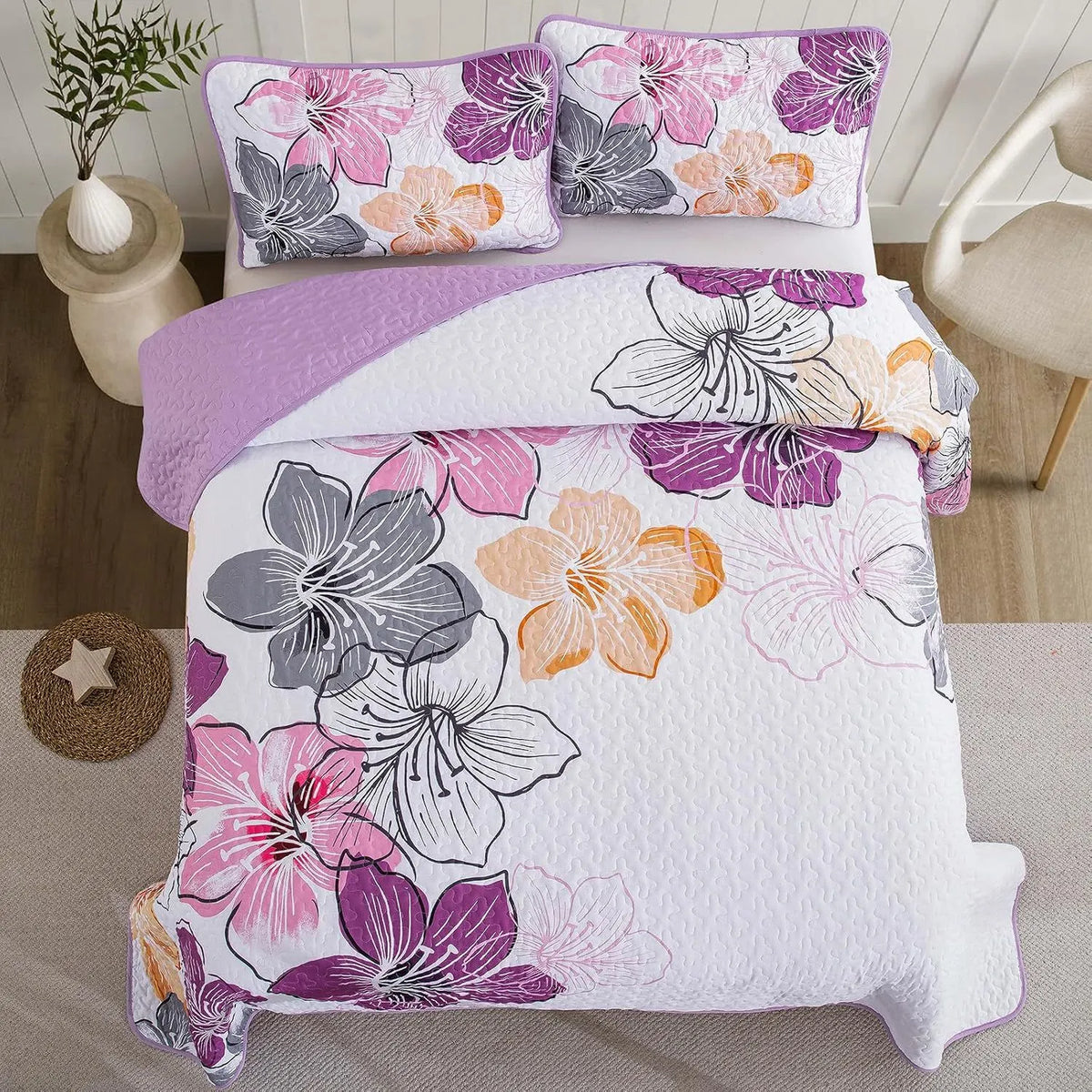 Purple Floral Boho Elysian Bedspread Coverlet 3 Piece Set - Image 3