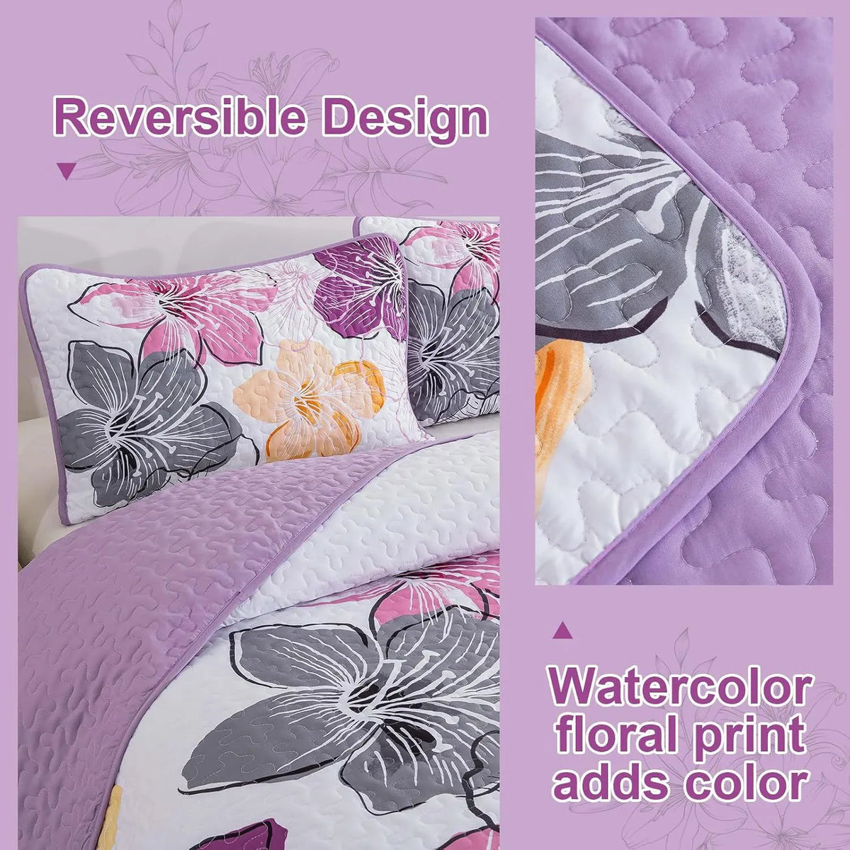 Purple Floral Boho Elysian Bedspread Coverlet 3 Piece Set - Image 4