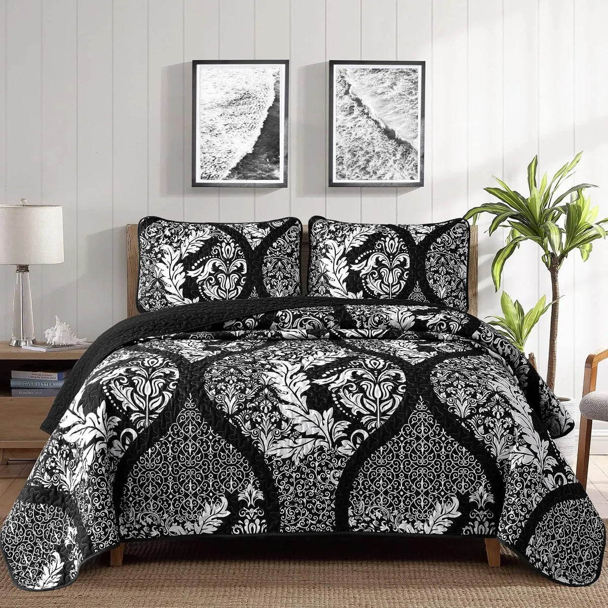 Black Damask Boho Serenity Bedspread Coverlet 3 Piece Set