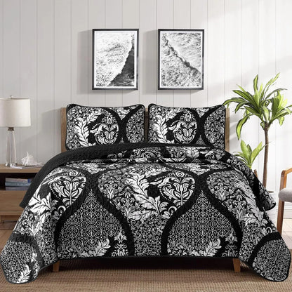 Black Damask Boho Serenity Bedspread Coverlet 3 Piece Set
