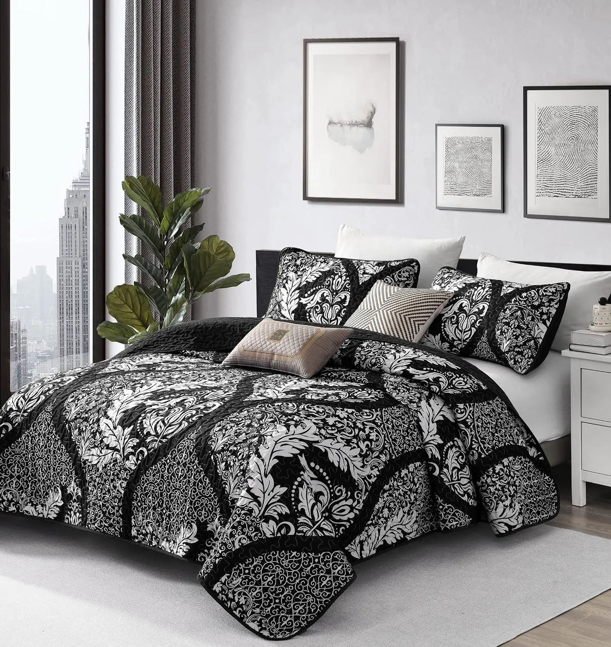Black Damask Boho Serenity Bedspread Coverlet 3 Piece Set - Image 2